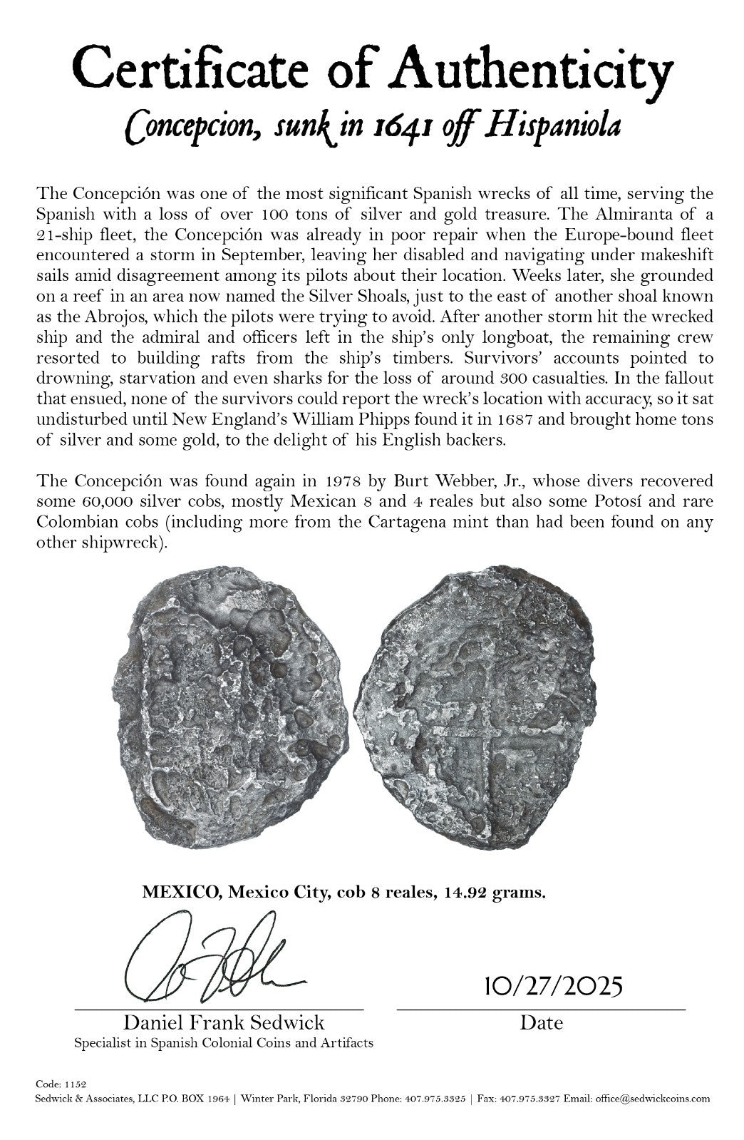 Concepcion Shipwreck (1641) MEXICO Mexico City Silver Cob 8 Reales with COA 1152