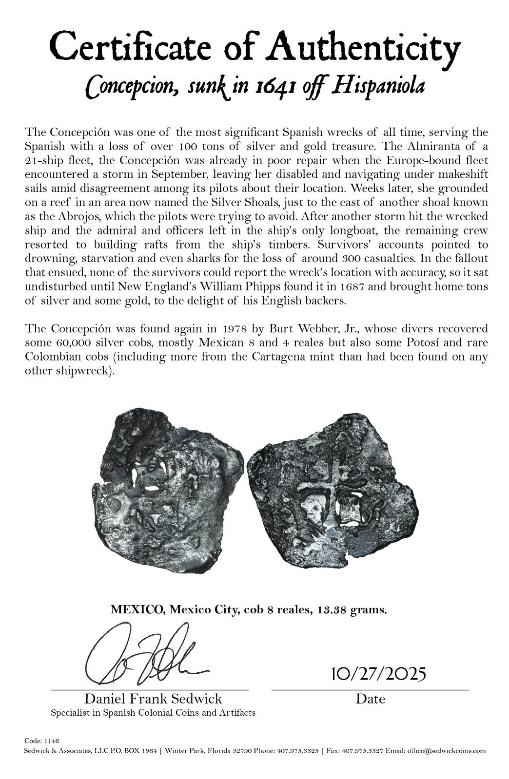 Concepcion Shipwreck (1641) MEXICO Mexico City Silver Cob 8 Reales with COA 1146