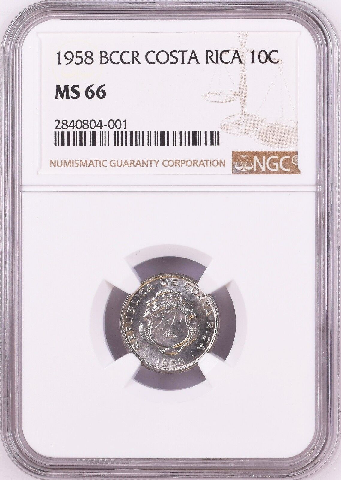 COSTA RICA (Philadelphia Mint) Stainless Steel 10 Céntimos 1958 NGC MS 66