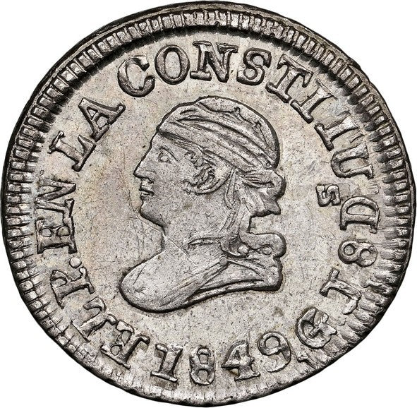 ECUADOR, Quito, ¼ real, 1849 GJ, NGC MS 61 (EMO Collection Label), EMO Plate.