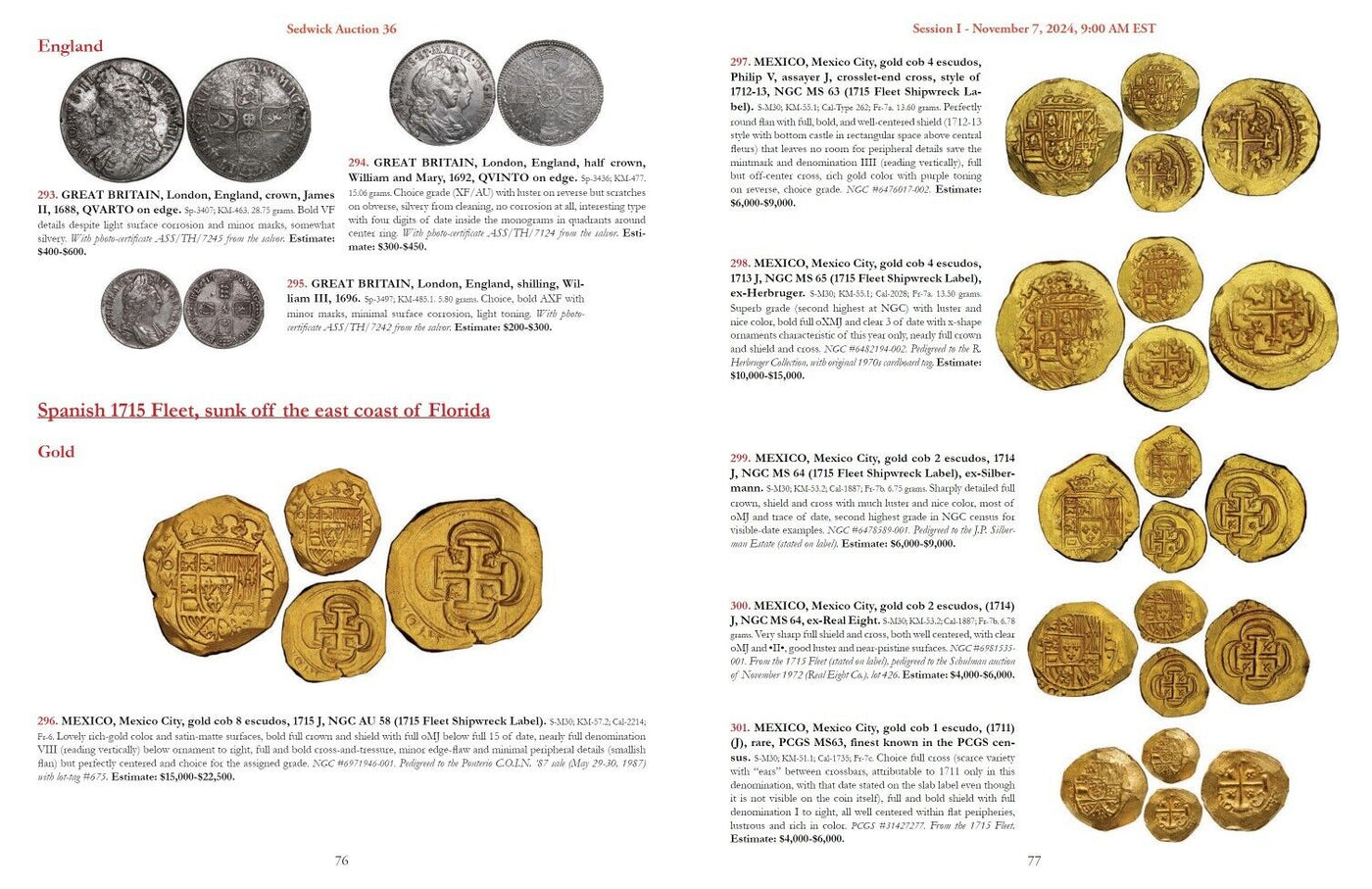 Sedwick Treasure Auction 36 Catalog Nov 7 & 8, 2024 - Shipwreck Coins & Rarities