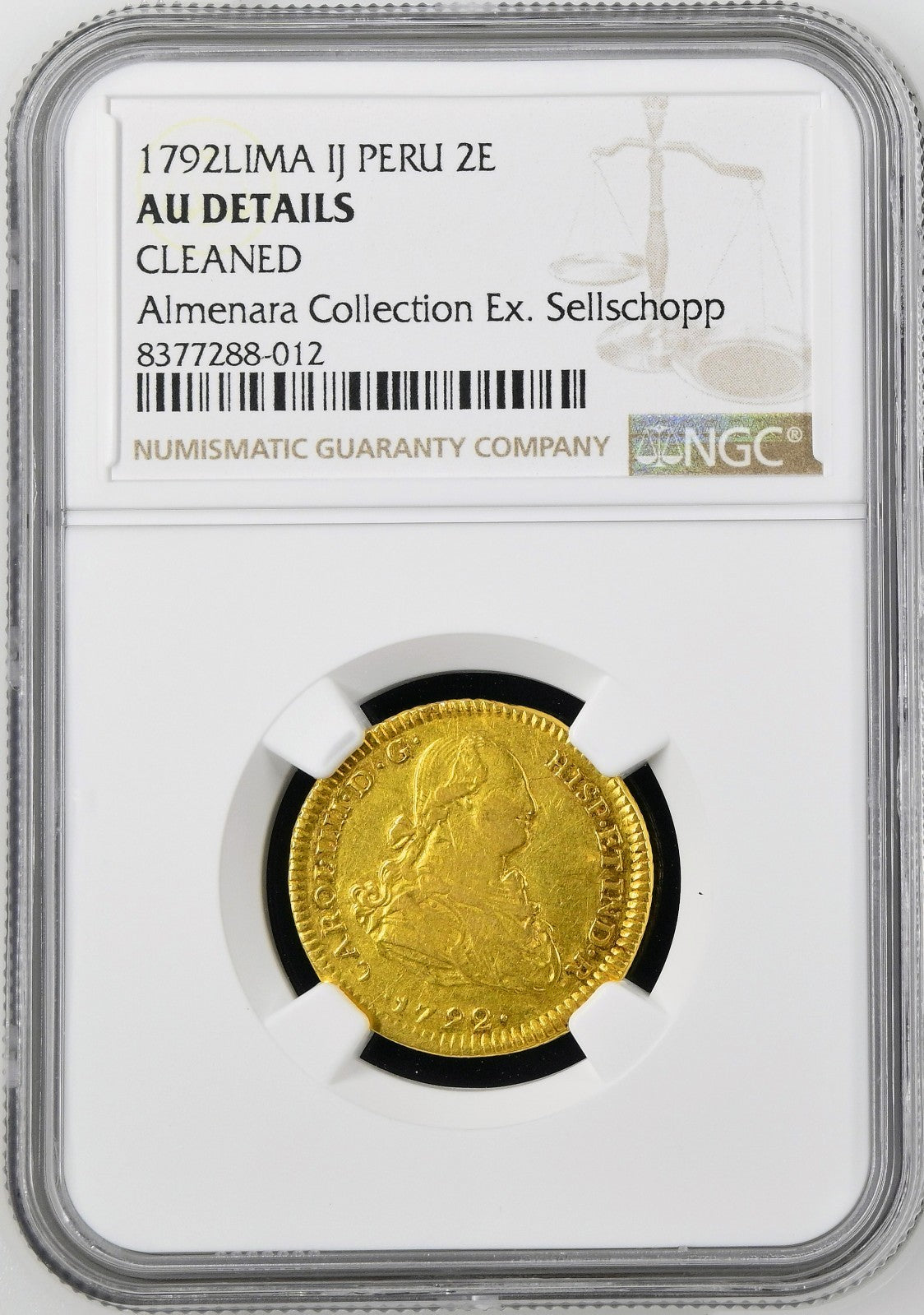 PERU Lima Gold Bust 2 Escudos Charles IV 1792 IJ NGC AU Details Ex-Sellschopp