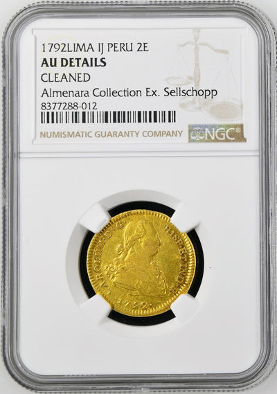 PERU Lima Gold Bust 2 Escudos Charles IV 1792 IJ NGC AU Details Ex-Sellschopp