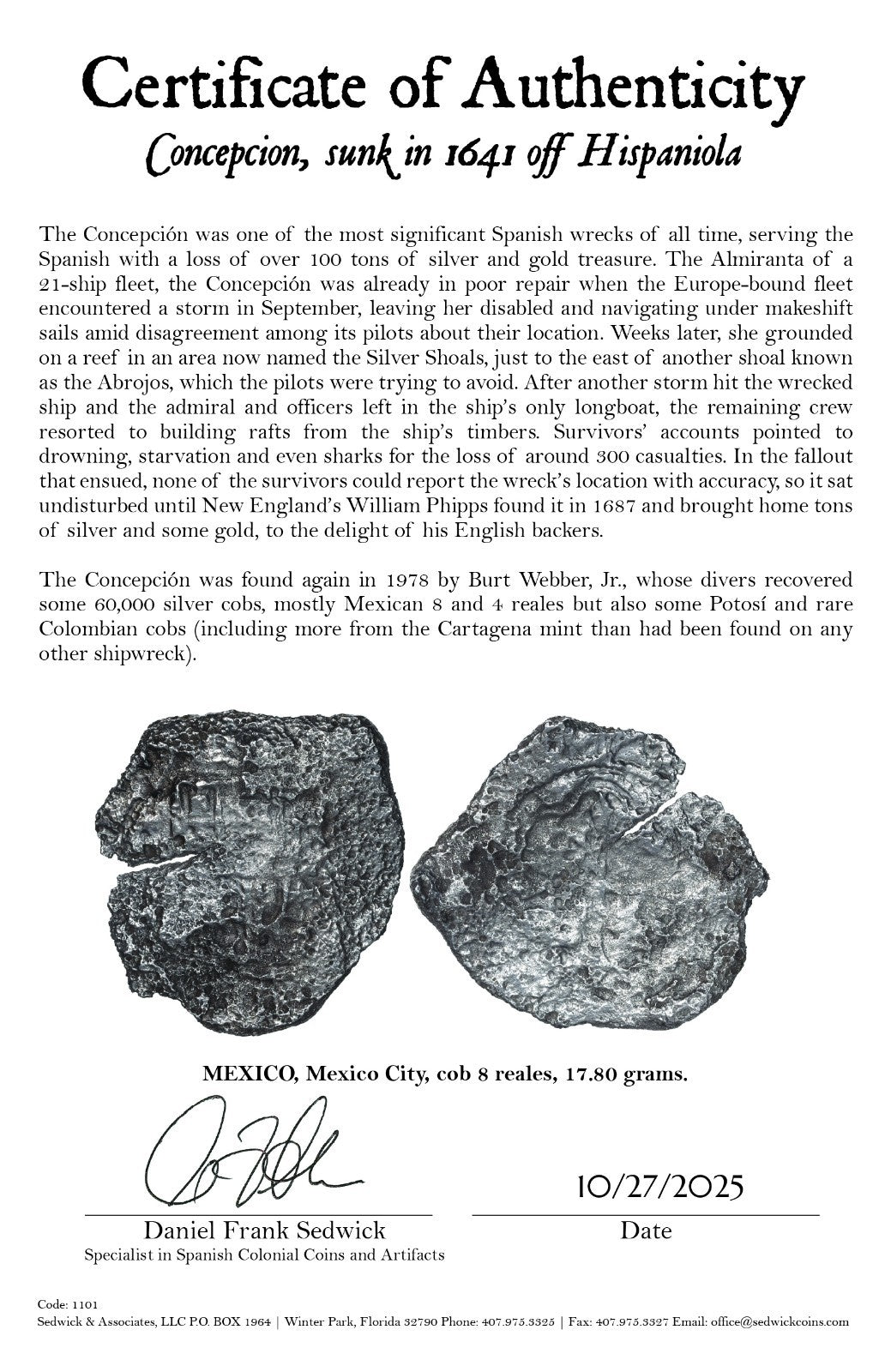 Concepcion Shipwreck (1641) MEXICO Mexico City Silver Cob 8 Reales with COA 1101