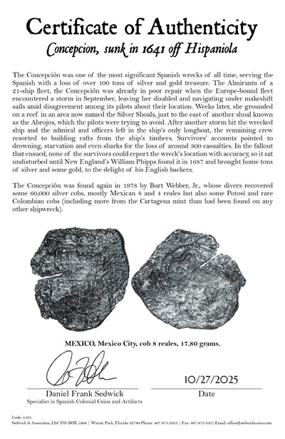 Concepcion Shipwreck (1641) MEXICO Mexico City Silver Cob 8 Reales with COA 1101