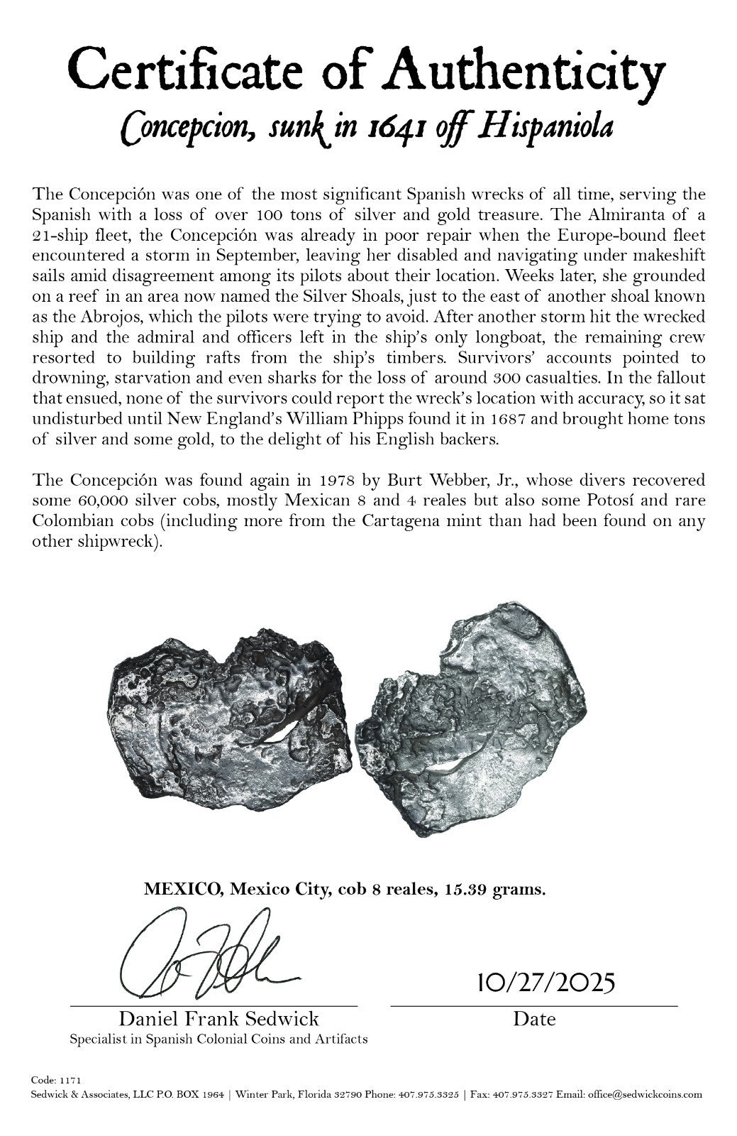 Concepcion Shipwreck (1641) MEXICO Mexico City Silver Cob 8 Reales with COA 1171