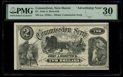 New Haven Conn. $2 ca. 1870s Tiffany Commission Scrip John A. Bostwick PMG VF 30