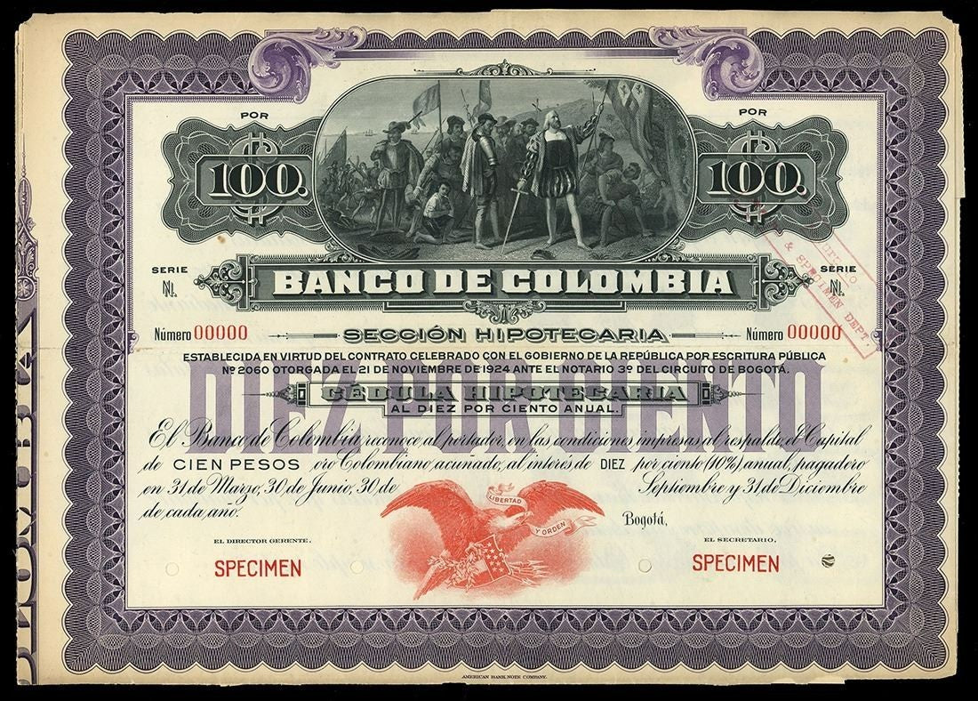 Bogotá Banco de Colombia 100 Pesos 10% Bond Specimen 1924 ex-ABNCo Archives