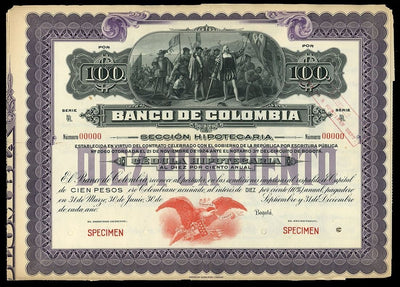 Bogotá Banco de Colombia 100 Pesos 10% Bond Specimen 1924 ex-ABNCo Archives