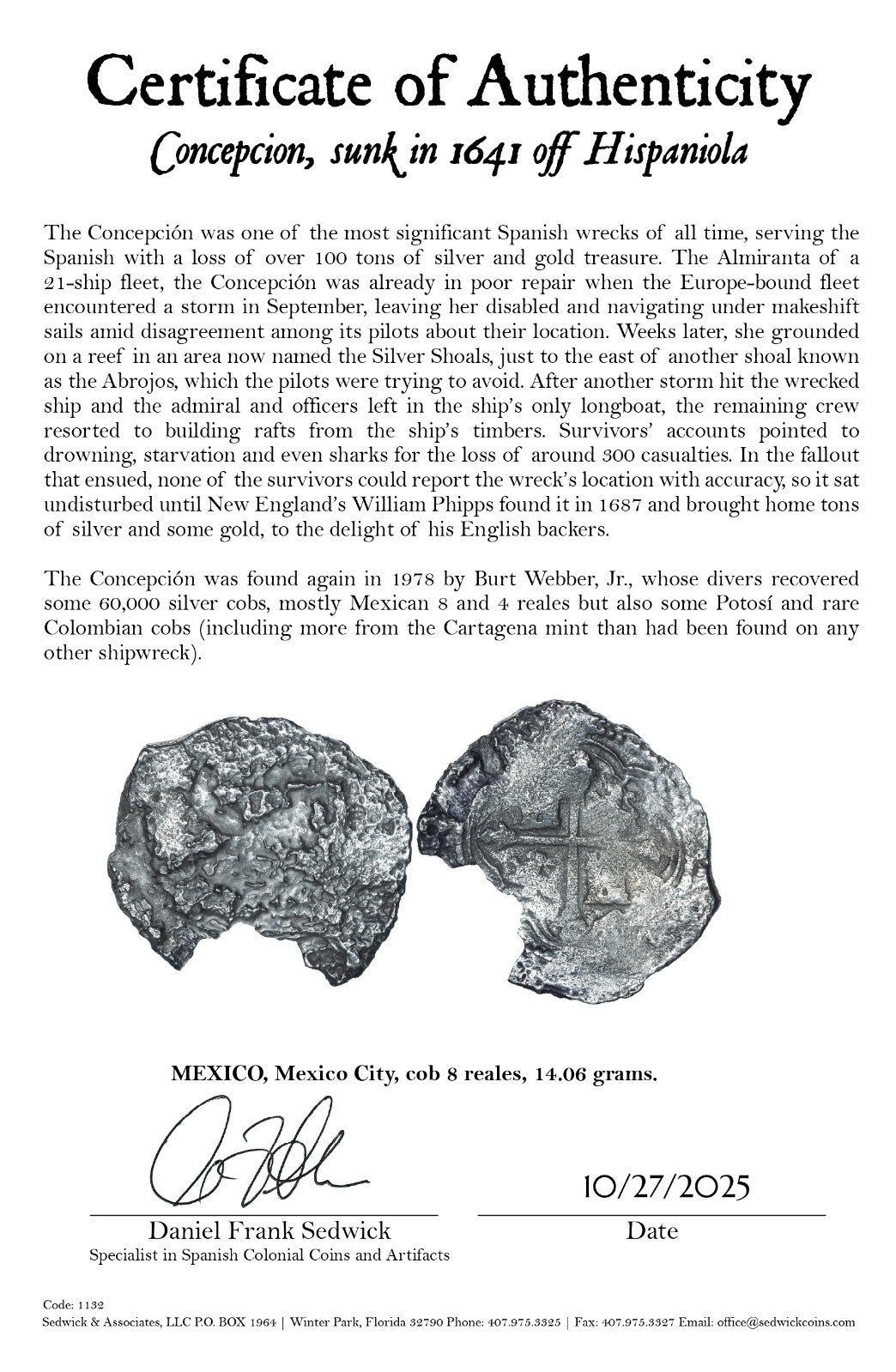 Concepcion Shipwreck (1641) MEXICO Mexico City Silver Cob 8 Reales with COA 1132