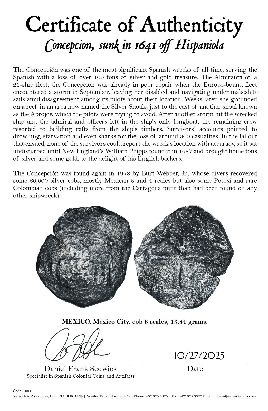 Concepcion Shipwreck (1641) MEXICO Mexico City Silver Cob 8 Reales with COA 1084