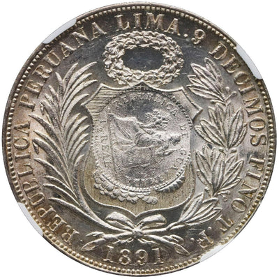 GUATEMALA Silver 1 Peso "1/2 real" C/S of 1894 on Lima 1 Sol 1891 TF NGC MS 61