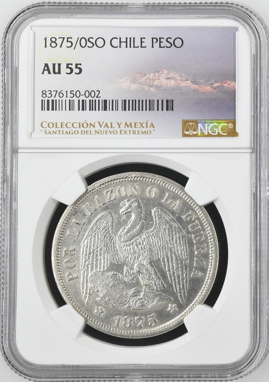CHILE Santiago Silver Condor Peso 1875/0 NGC AU 55