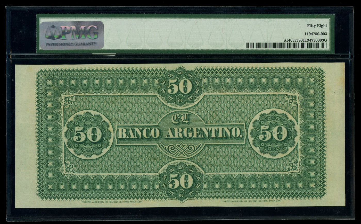 ARGENTINA Concordia Banco Argentino 50 Pesos Plata 1-7-1873 PMG AU 58 Pick-S1463