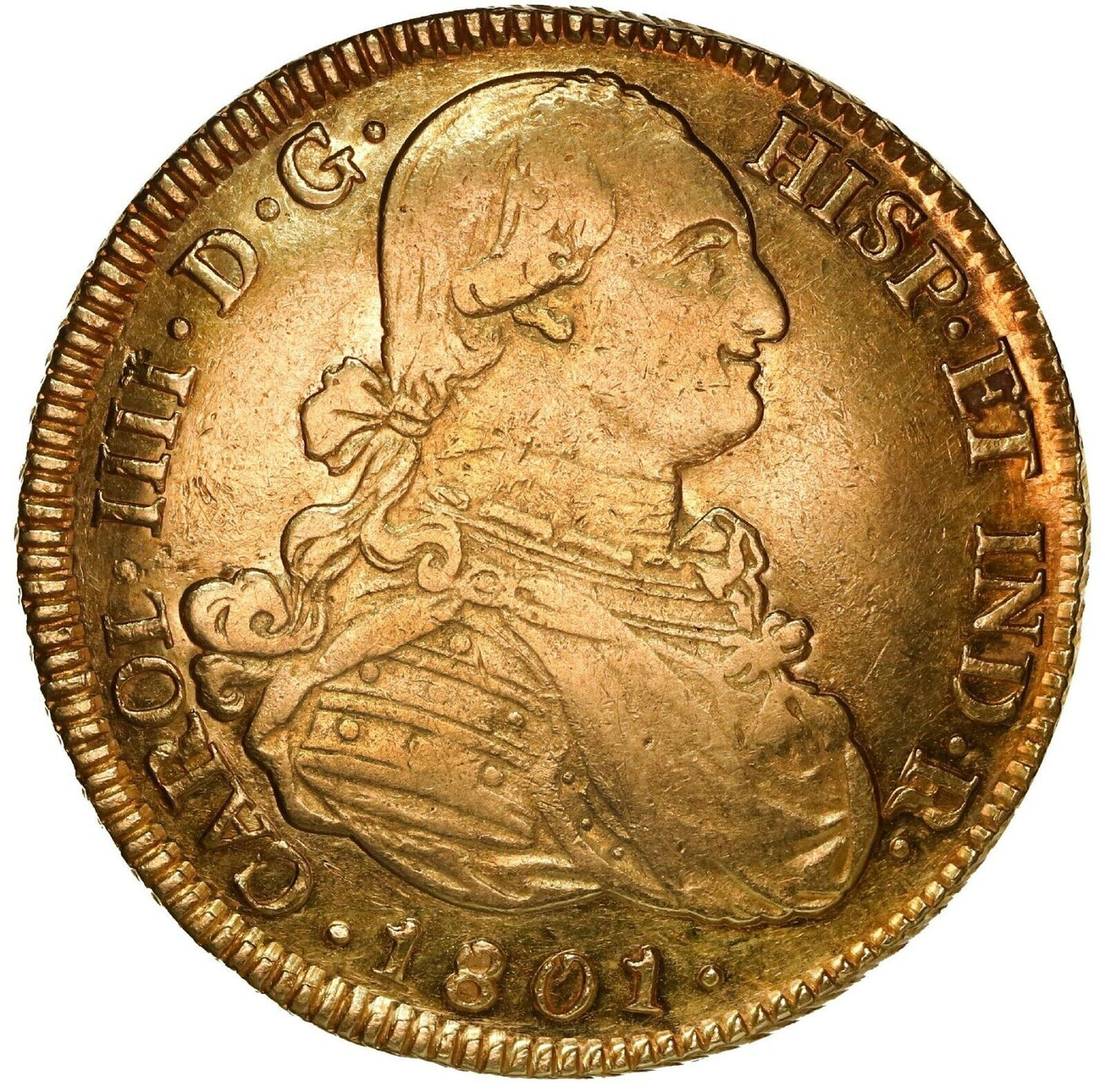 Popayán, Colombia Gold Bust 8 Escudos Charles IV 1801 JF KM-62.2 Cal-1674