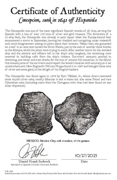 Concepcion Shipwreck (1641) MEXICO Mexico City Silver Cob 8 Reales with COA 1055