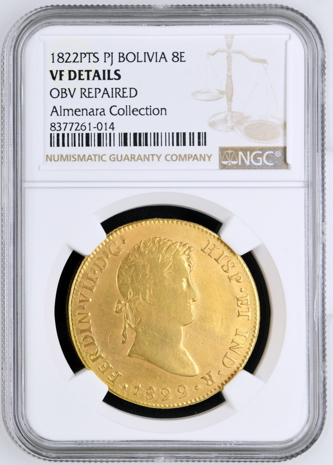 BOLIVIA Potosí Gold Bust 8 Escudos Ferdinand VII 1822 PJ NGC VF Details KM-91