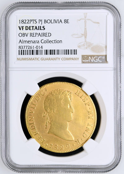 BOLIVIA Potosí Gold Bust 8 Escudos Ferdinand VII 1822 PJ NGC VF Details KM-91