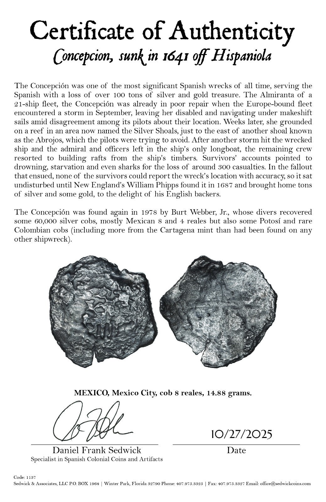 Concepcion Shipwreck (1641) MEXICO Mexico City Silver Cob 8 Reales with COA 1137