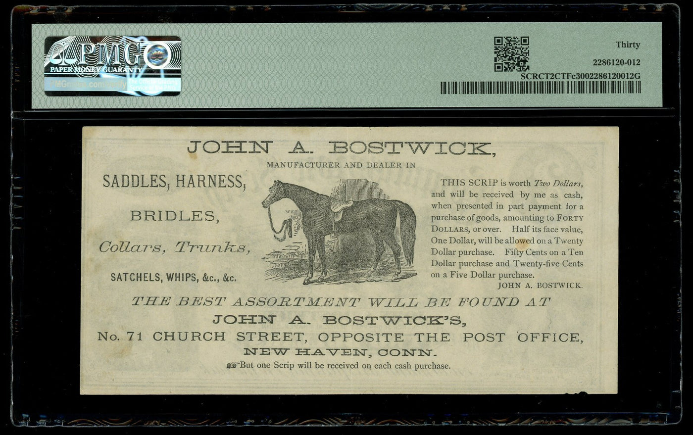 New Haven Conn. $2 ca. 1870s Tiffany Commission Scrip John A. Bostwick PMG VF 30
