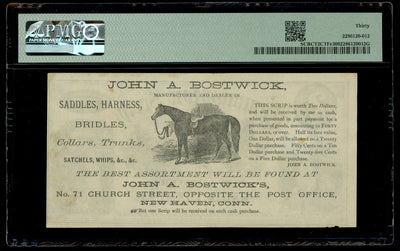 New Haven Conn. $2 ca. 1870s Tiffany Commission Scrip John A. Bostwick PMG VF 30