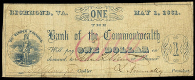 Richmond Virginia Bank of the Commonwealth $1 May 1, 1861 SIC SEMPER TYRANNIS