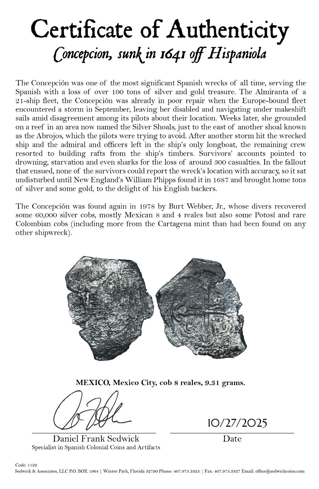 Concepcion Shipwreck (1641) MEXICO Mexico City Silver Cob 8 Reales with COA 1122