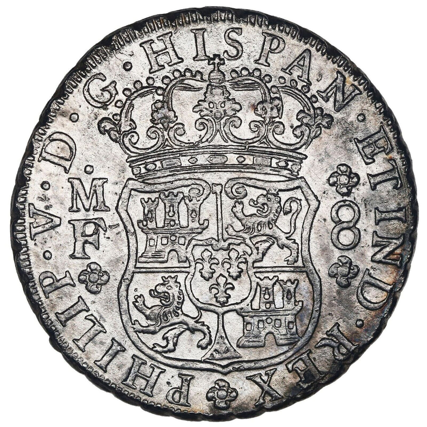 MEXICO Mexico City Silver Pillar 8 Reales Philip V 1736 MF KM-103 Cal-1445 Rare