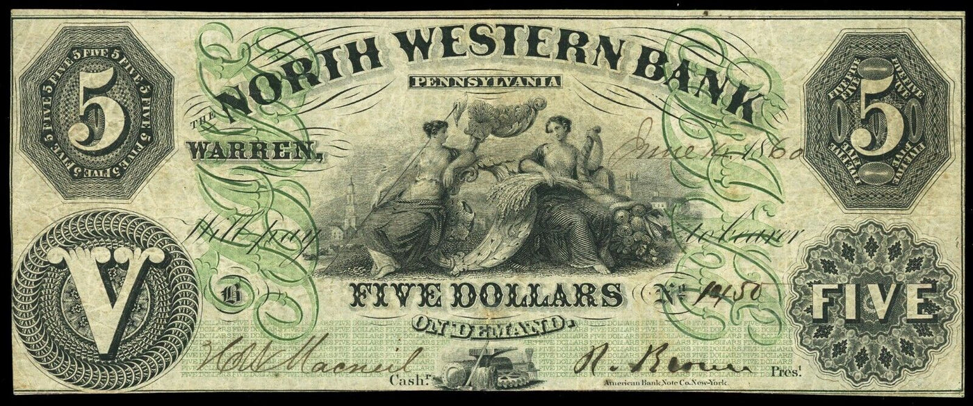 Warren Pennsylvania North Western Bank $5 June 14, 1860 Haxby-PA670G8a