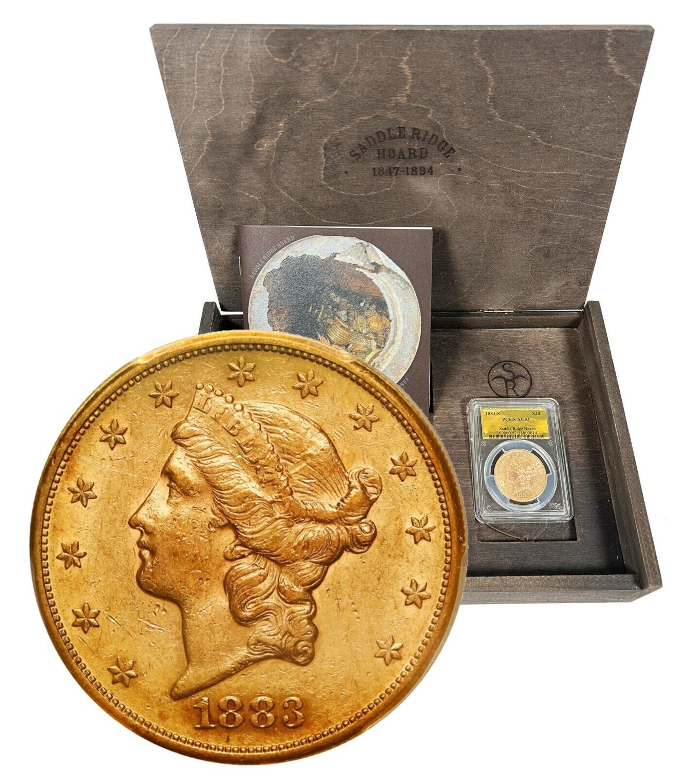 1883-S Liberty Head Gold Double Eagle $20 PCGS AU53 Saddle Ridge Hoard Label Box