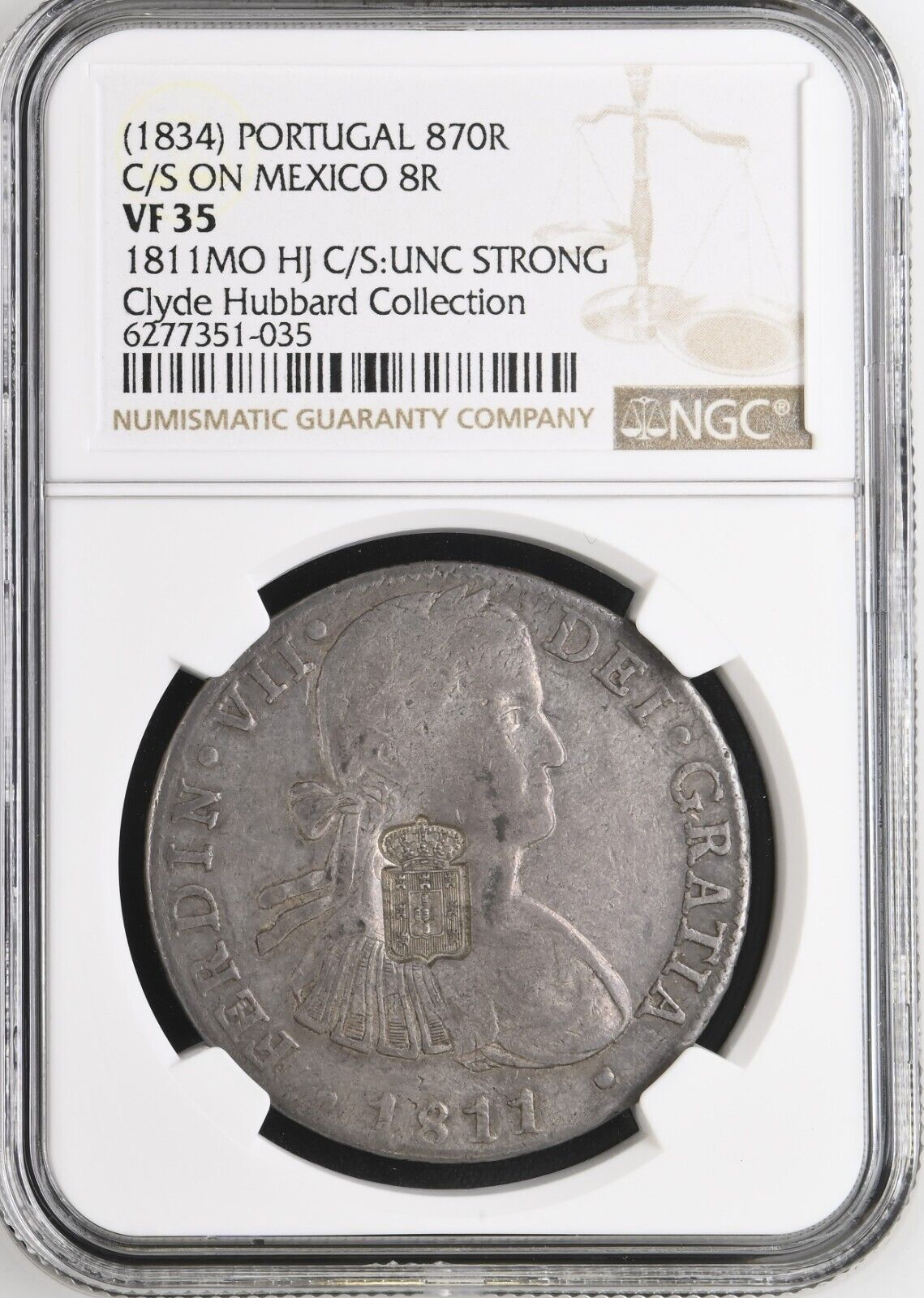 PORTUGAL 870 Reis Countermark (1834) on Mexico 1811 HJ 8R NGC VF 35 Ex-Hubbard