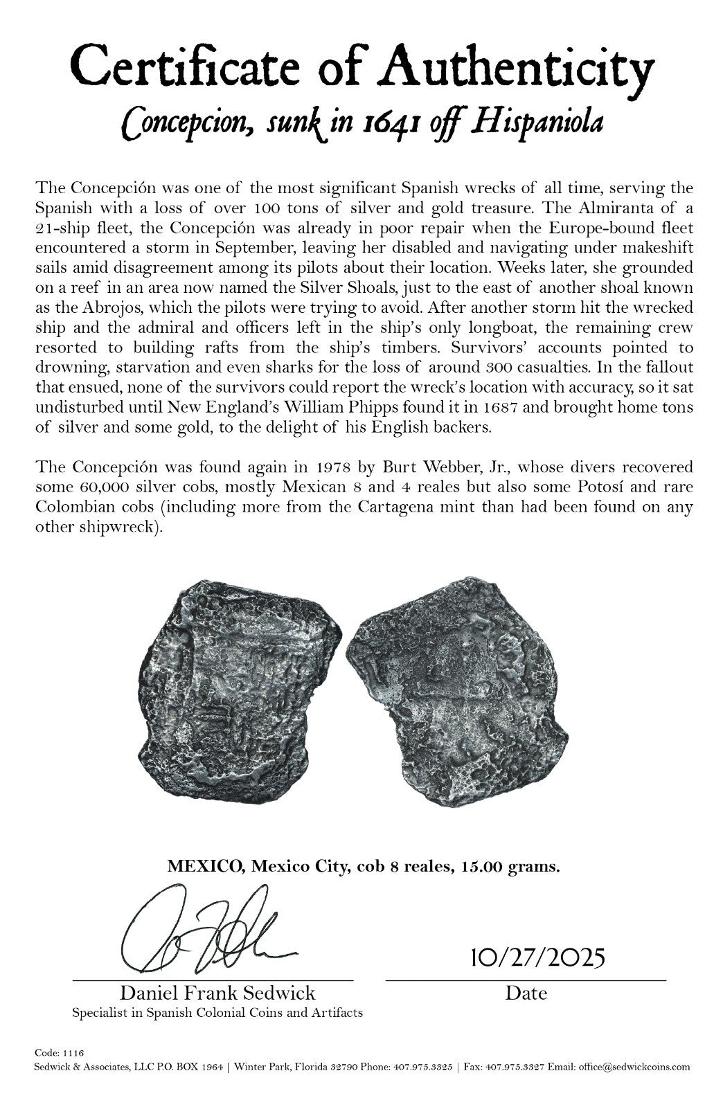 Concepcion Shipwreck (1641) MEXICO Mexico City Silver Cob 8 Reales with COA 1116