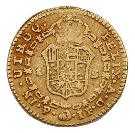 COLOMBIA Popayan Gold Bust 1 Escudo Ferdinand VII (bust of Charles IV) 1808 JF