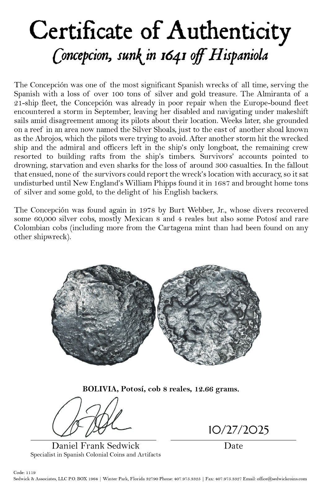 Concepcion Shipwreck (1641) BOLIVIA Potosí Silver Cob 8 Reales with COA 1119