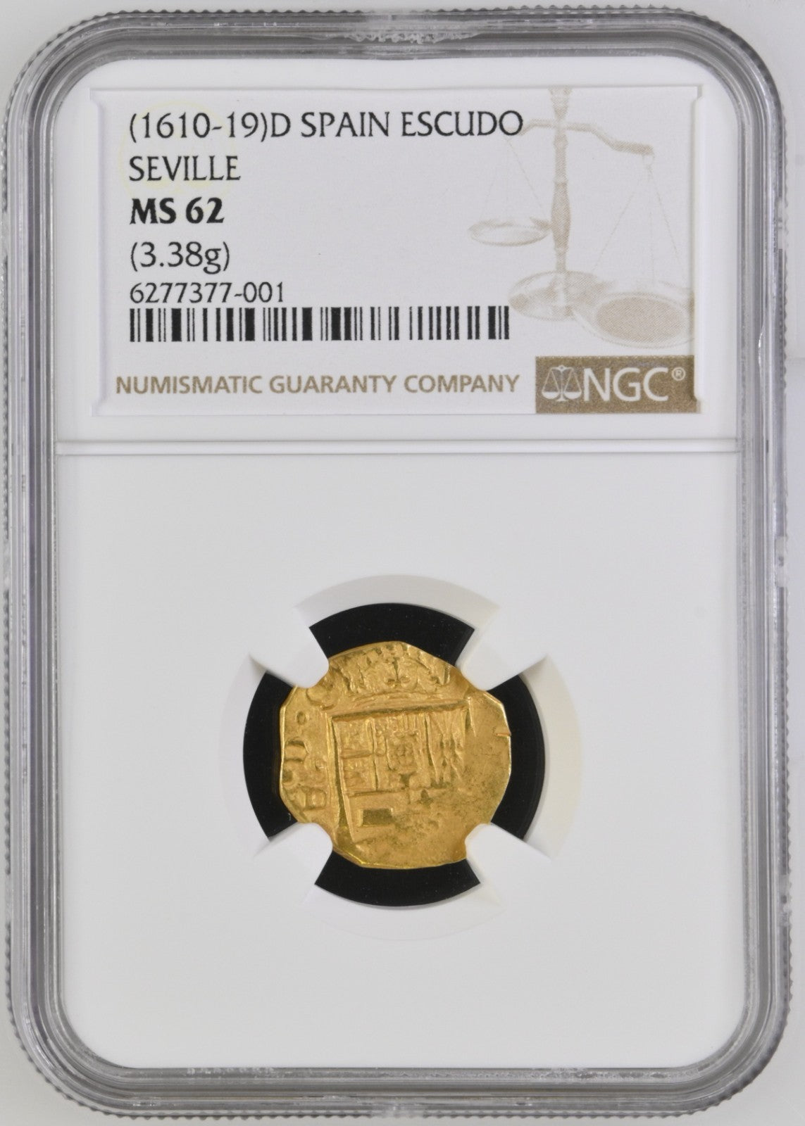 SPAIN, Seville, gold cob 1 escudo, Philip III, assayer D, NGC MS 62.