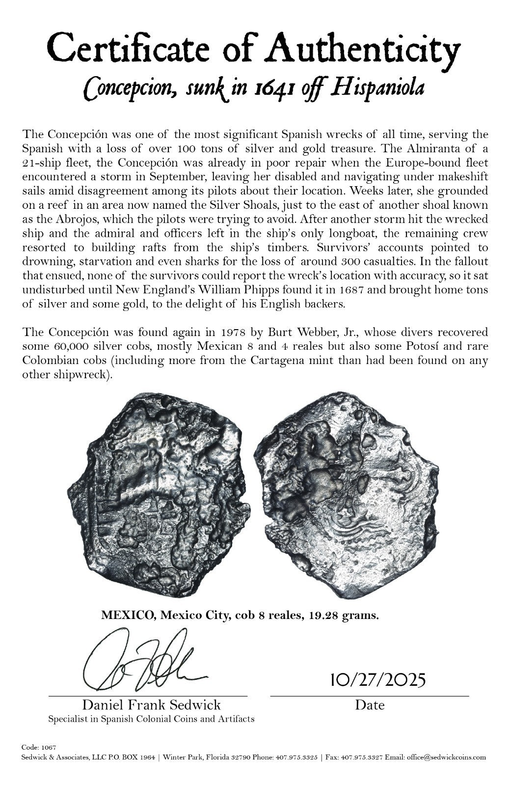 Concepcion Shipwreck (1641) MEXICO Mexico City Silver Cob 8 Reales with COA 1067