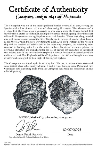 Concepcion Shipwreck (1641) MEXICO Mexico City Silver Cob 8 Reales with COA 1067