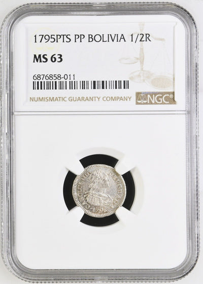 BOLIVIA Potosí Silver Bust 1/2 Real Charles IV 1795 PP NGC MS 63 Finest Known