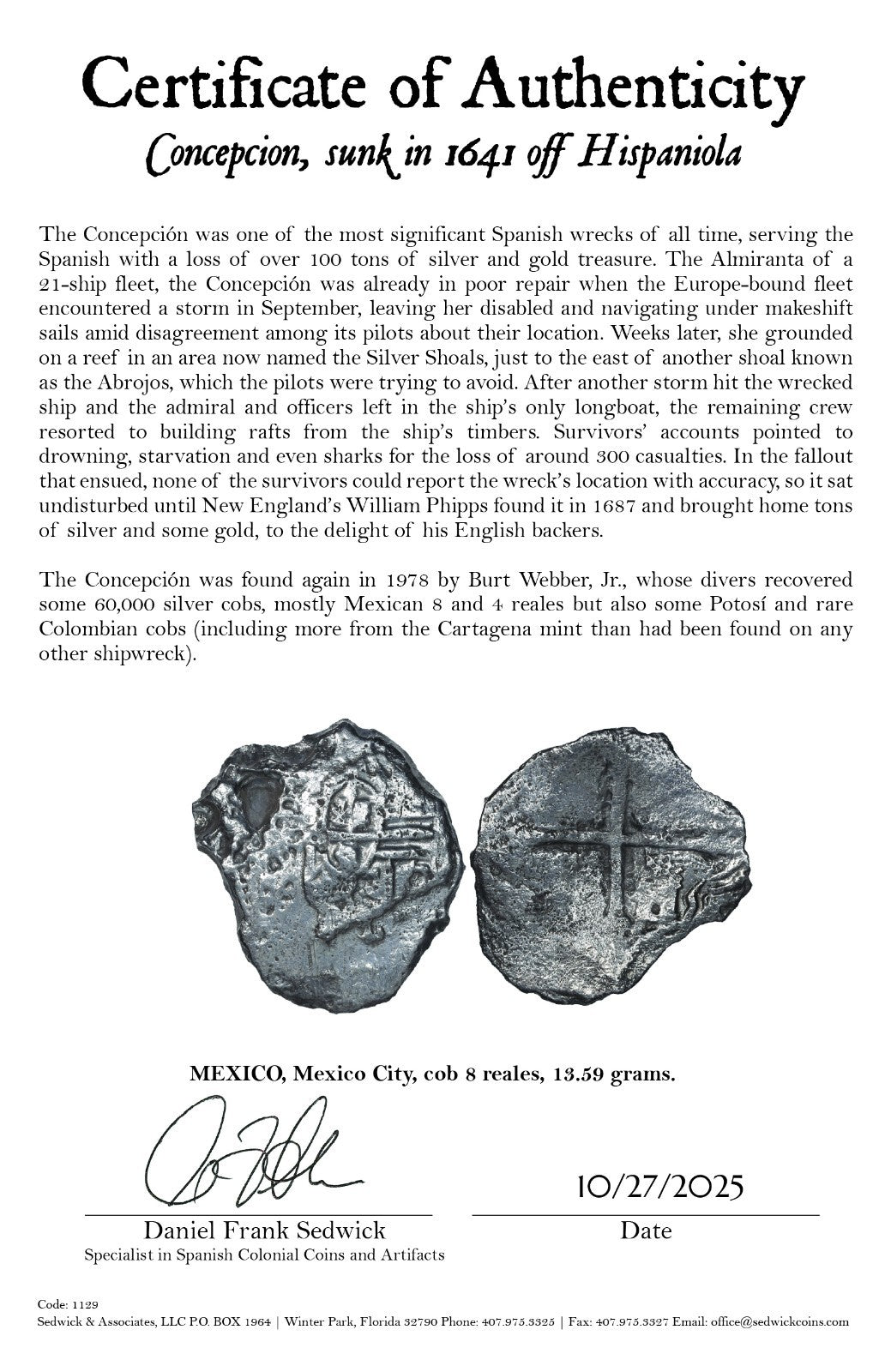 Concepcion Shipwreck (1641) MEXICO Mexico City Silver Cob 8 Reales with COA 1129