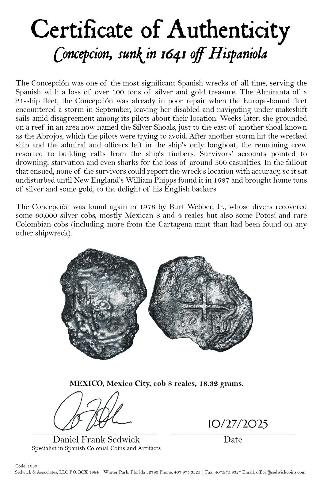 Concepcion Shipwreck (1641) MEXICO Mexico City Silver Cob 8 Reales with COA 1080