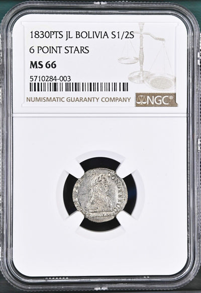 Potosi Bolivia Silver 1/2 Sol 1830 JL Six-Point Stars NGC MS 66