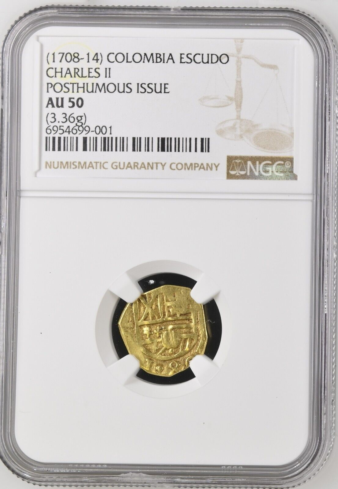 COLOMBIA Bogotá Gold Cob 1 Escudo Charles II Assayer ARCE (1700-3) NGC AU 50