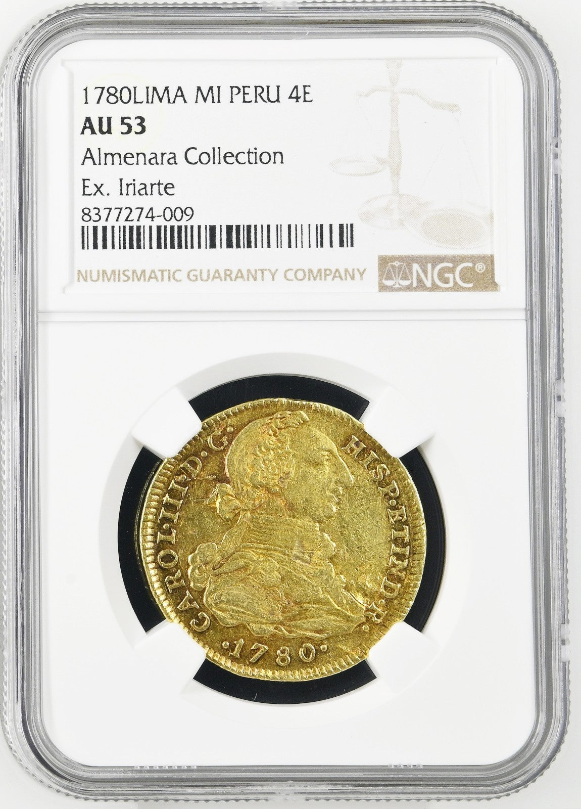 PERU Lima Gold Bust 4 Escudos Charles III 1780 MI NGC AU 53 Sole Finest Known!