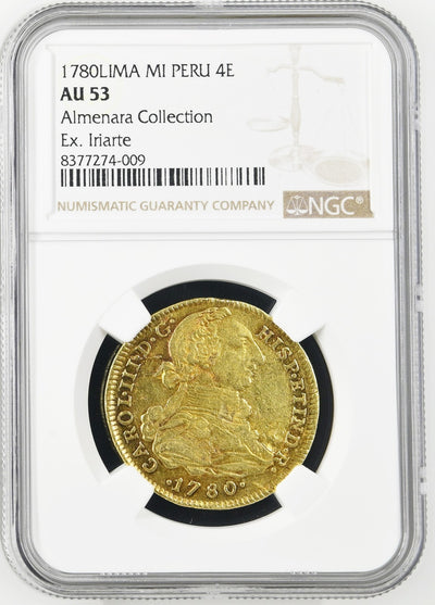 PERU Lima Gold Bust 4 Escudos Charles III 1780 MI NGC AU 53 Sole Finest Known!