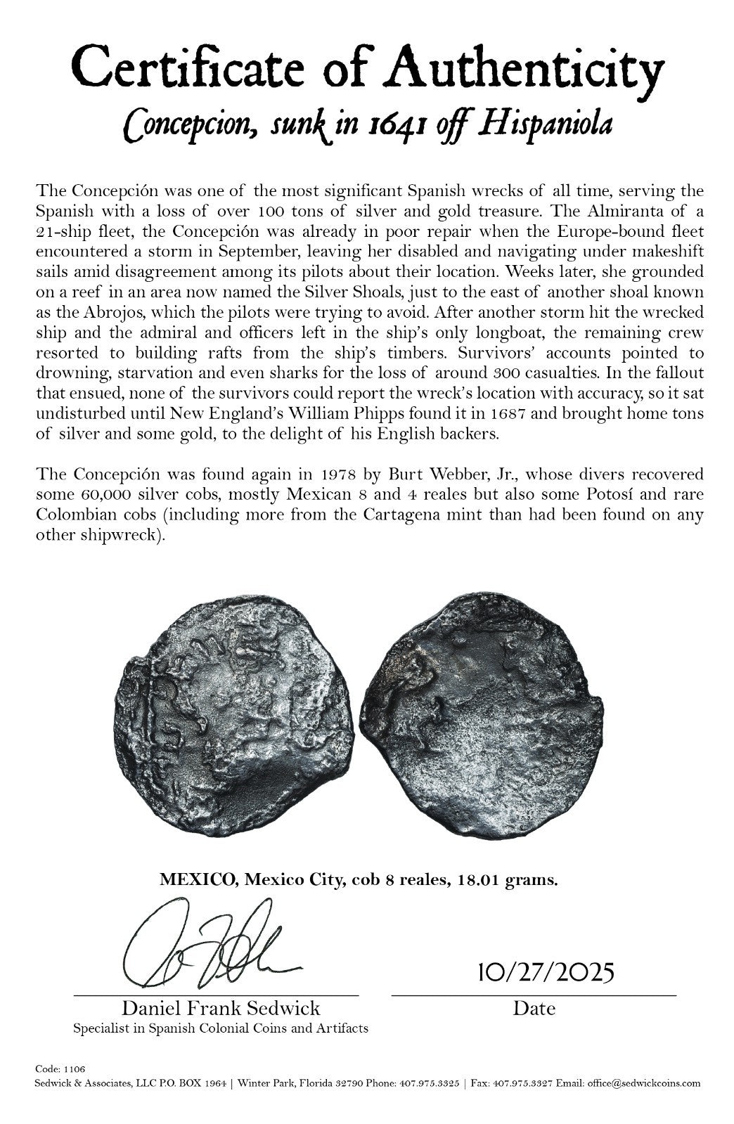 Concepcion Shipwreck (1641) MEXICO Mexico City Silver Cob 8 Reales with COA 1106