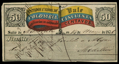 Medellin Colombia Correos Nacionales 50 Centavos 14-5-1876 Colombian Flag