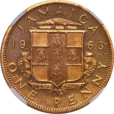 JAMAICA, nickel-brass proof penny, Elizabeth II, 1963, NGC PF 63 Cameo,"top pop"