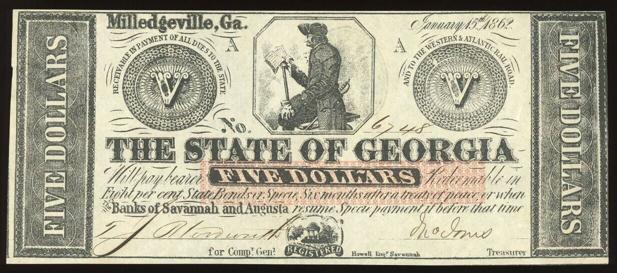 Milledgeville, Georgia, State of Georgia, $5, Jan. 15, 1862, Civil War Note