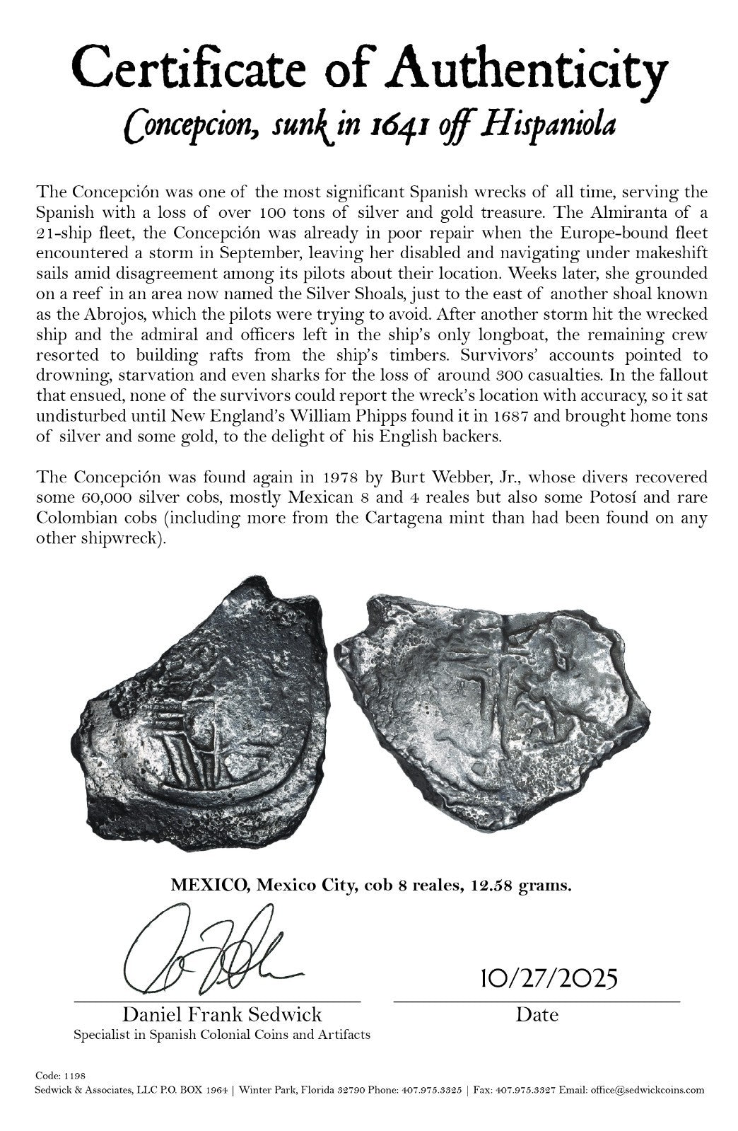 Concepcion Shipwreck (1641) MEXICO Mexico City Silver Cob 8 Reales with COA 1198