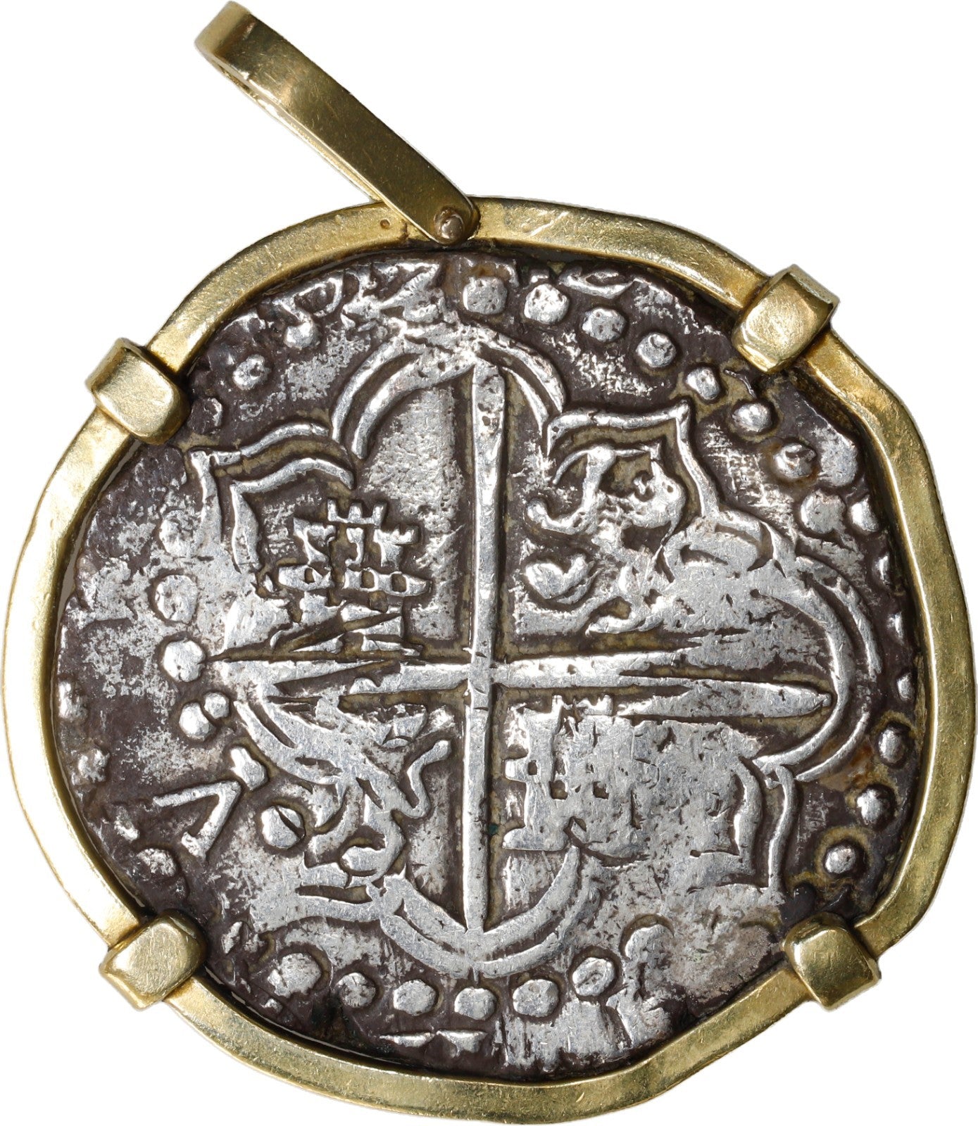 BOLIVIA, Potosí, cob 8 reales, Philip III, assayer T,  21.5K gold pendant.